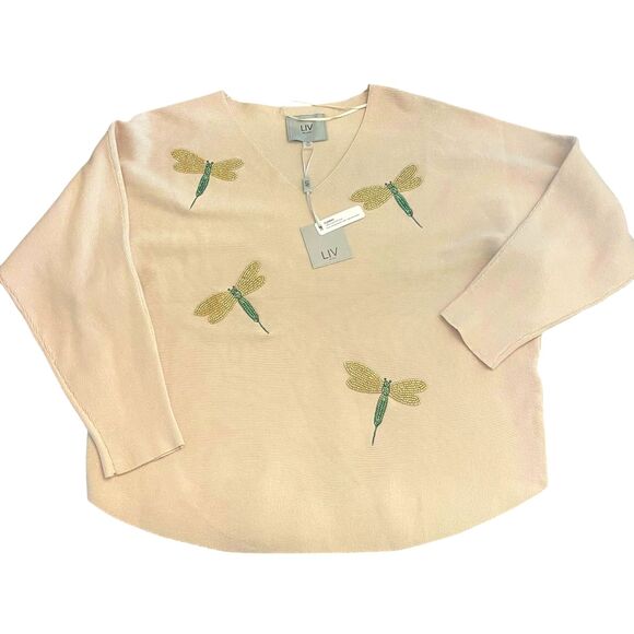 Liv Milano Womens Beige Knit Beaded Dragonfly Sweater Sz M Whimsical Long Sleeve - Picture 3 of 9